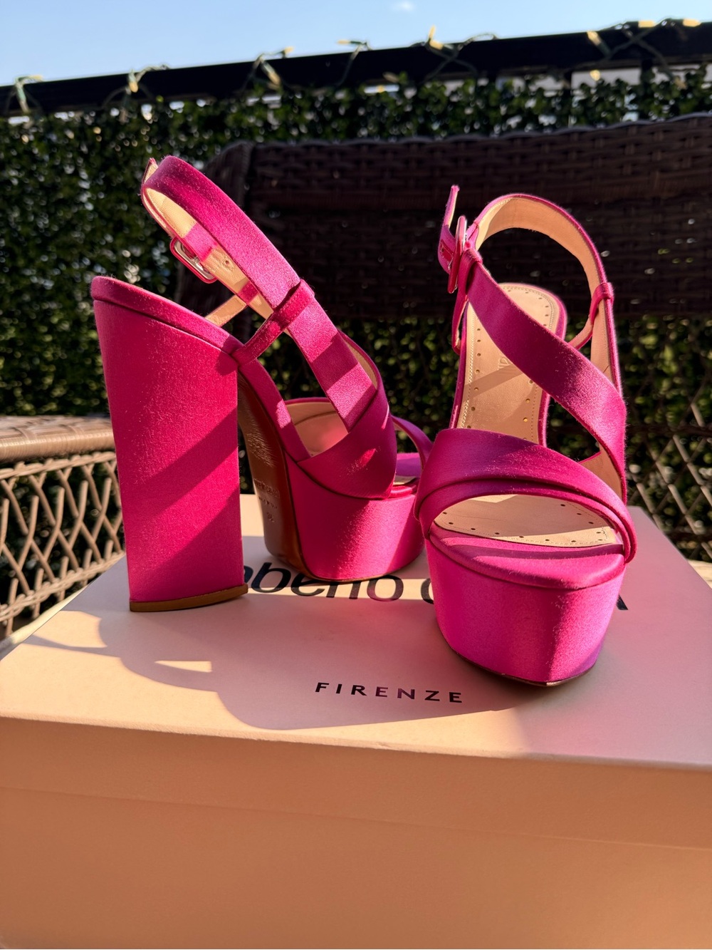 Roberto Cavalli Satin Platform Slingback Sandals in Vibrant Fuchsia